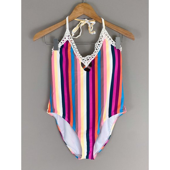 California Sunshine Swim Crochet Multi Color Striped Halter One